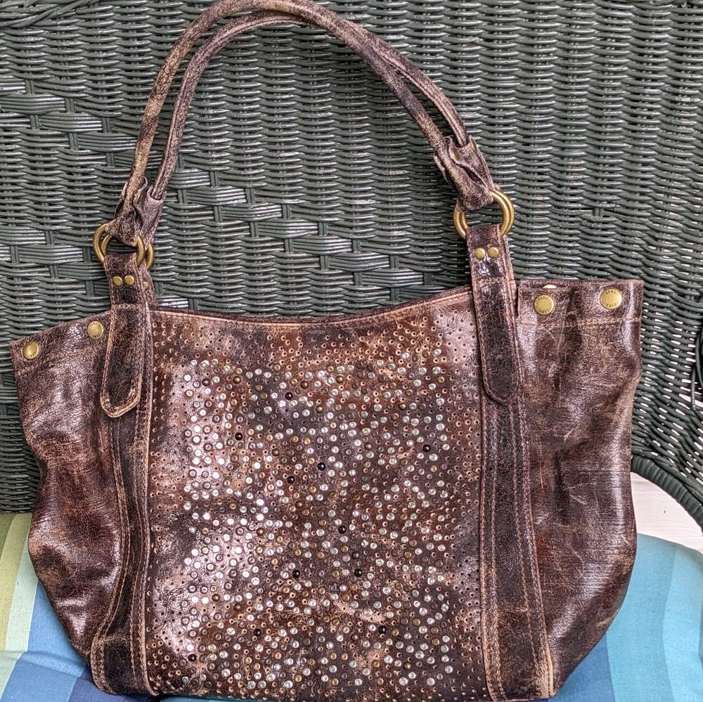 Frye Distressed Leather Debra  Studded Tote Bag